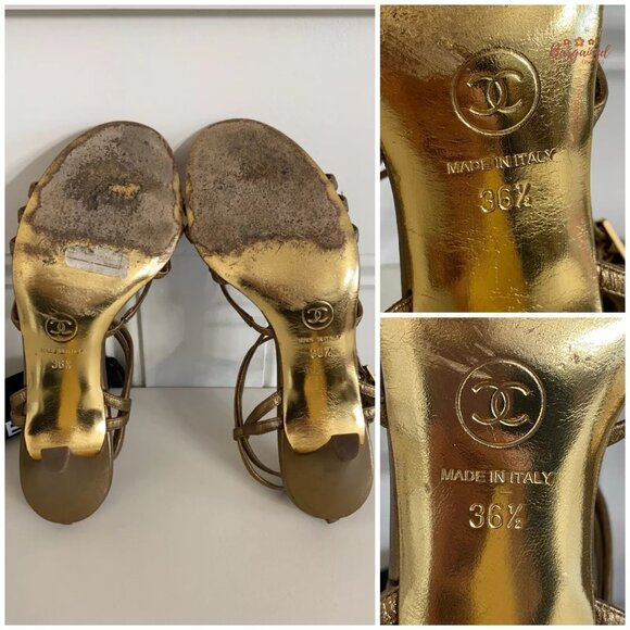 Authentic CHANEL Gold Metallic Leather CC Logo Ankle Strap High Heel Pumps 36.5 - Picture 6 of 13